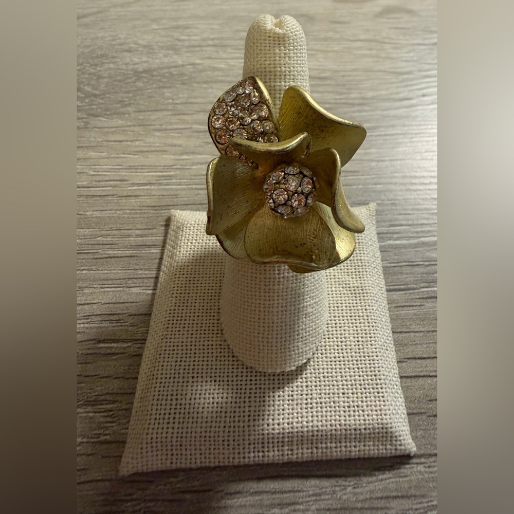 #674 Gold Sculpted Flower Statement Ring with Crystal Centers - Adjustable Band